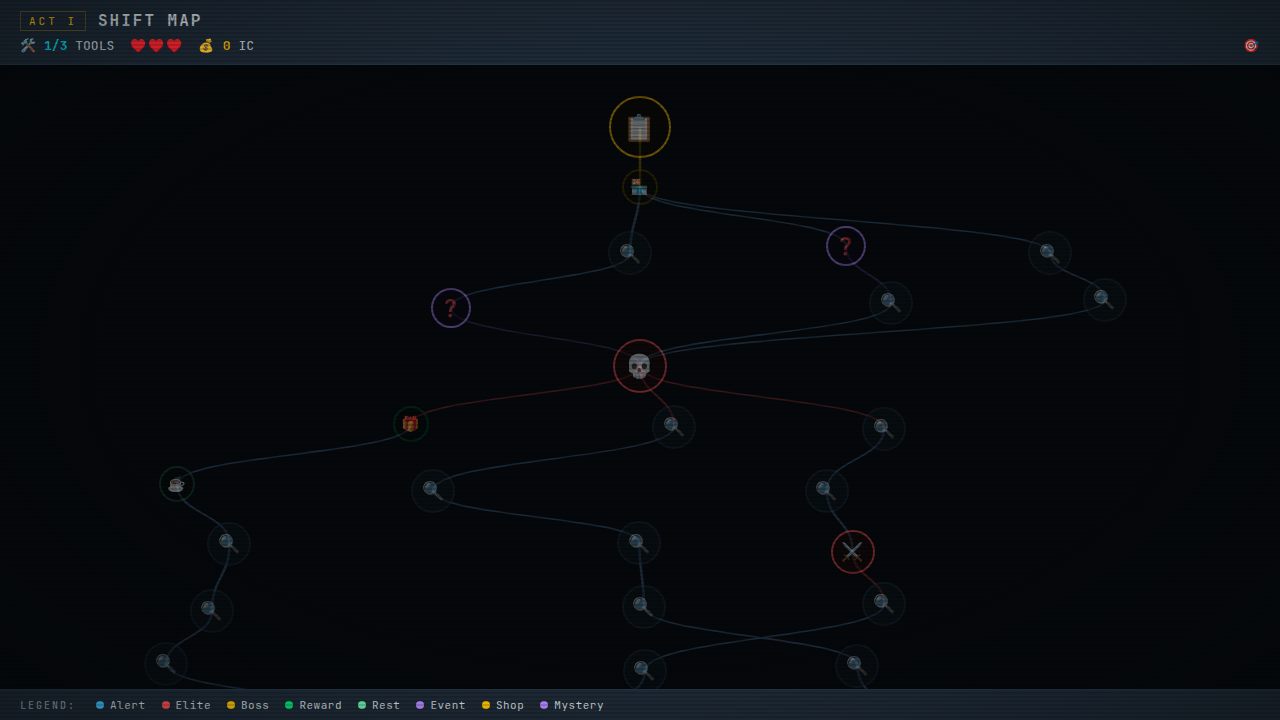 Incident Zero shift map — procedural node graph showing encounter, elite, reward, rest, event, shop, boss, and act-boss nodes branching from a start node.