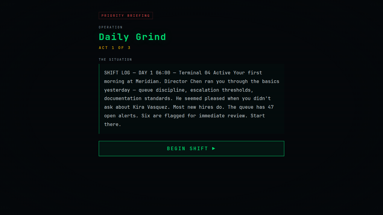 Incident Zero priority briefing — Operation Daily Grind Act 1 of 3 narrative with shift log atmosphere.
